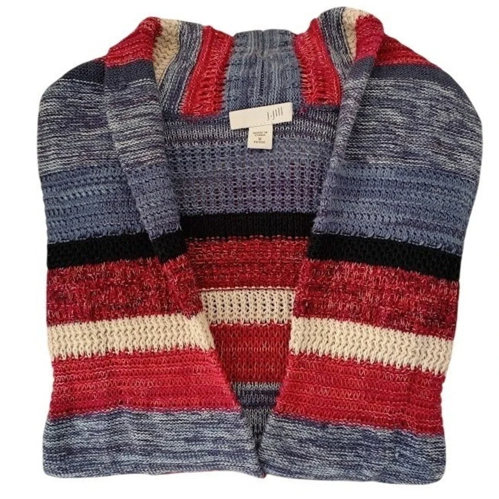 J. Jill Cotton Linen Southwestern‎ Striped Cardigan M Longline Cozy Rustic Boho